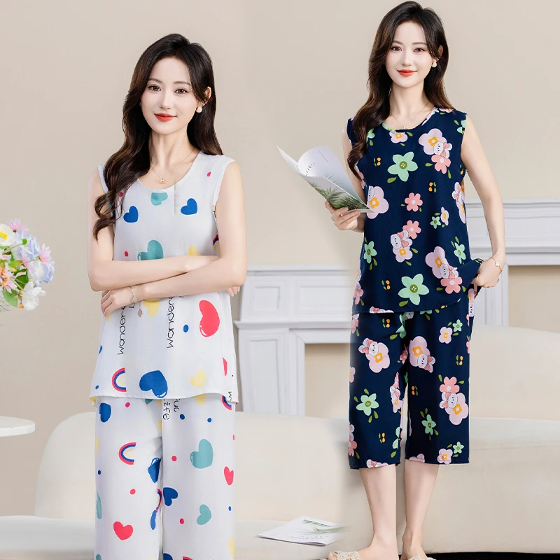 棉绸无袖背心七分裤套装女士薄款凉爽透气人造棉家居服睡衣可外穿