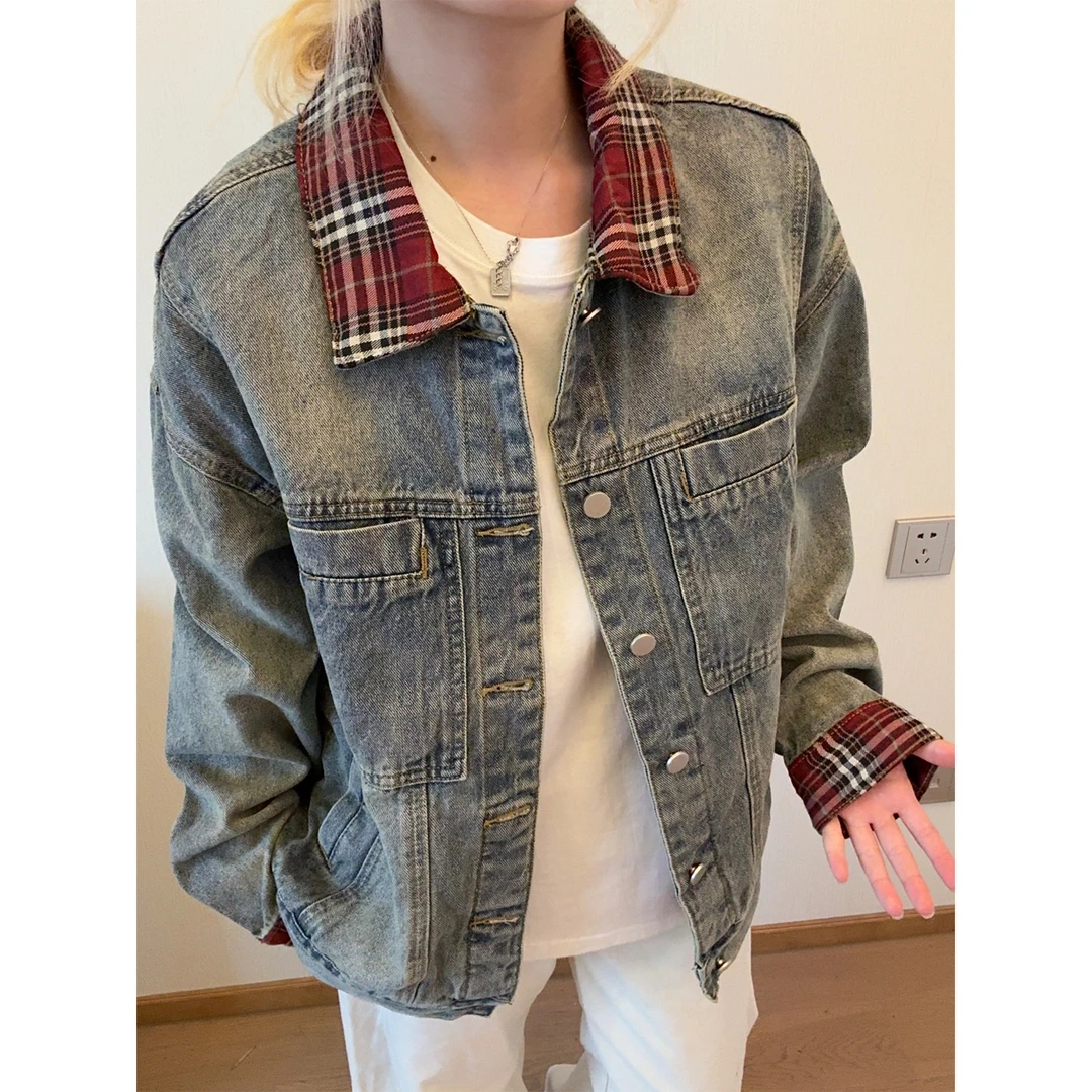 cleanfit水洗拼接翻领牛仔夹克男款秋季美式复古短款格纹工装外套