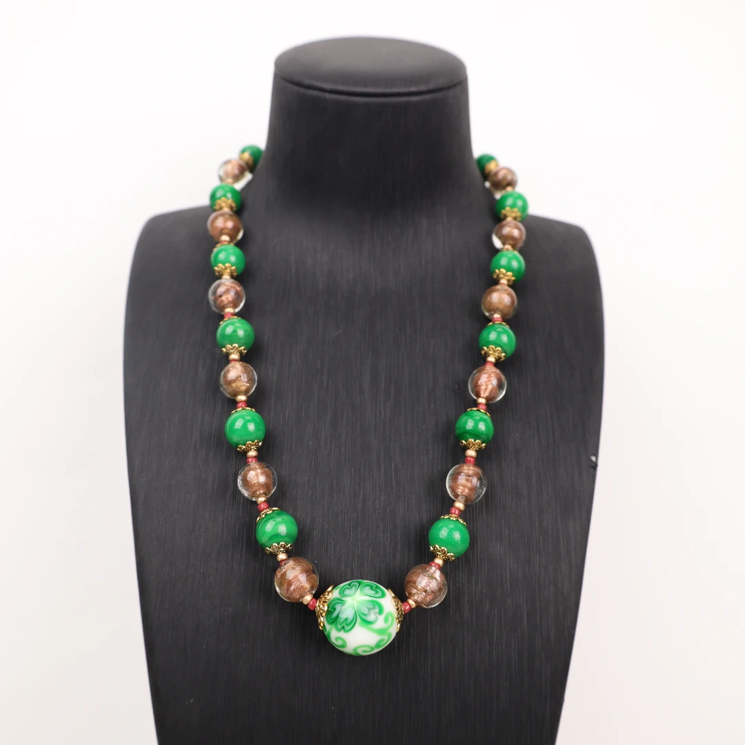 合金项链 LZ2240绿色缠枝莲纹万年松老料流金沙琉璃项链