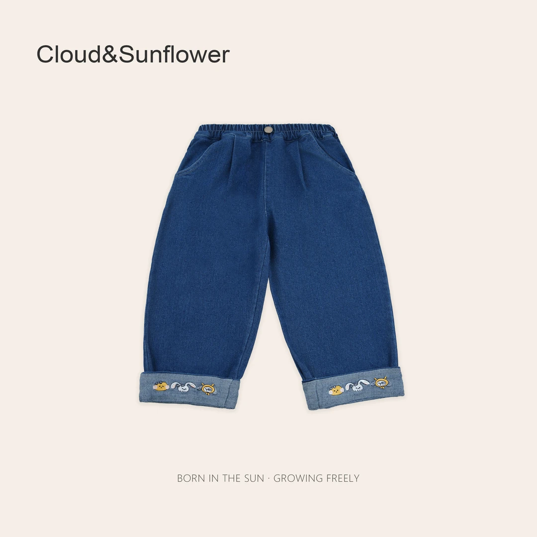 女童春季裤脚可爱卡通图案刺绣一粒扣百搭牛仔裤1113612