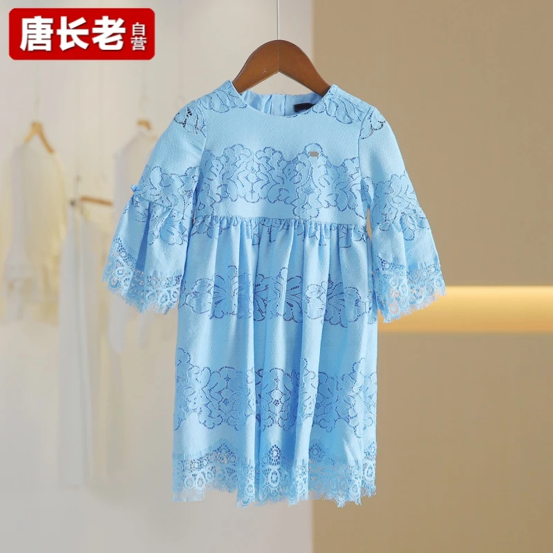 【半价q仓-唐长老自营】23248童装女童洋气夏季蓝色宽松连衣裙XTD