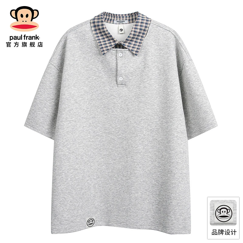 paul frank/大嘴猴格子翻领重磅polo衫短袖男夏季休闲宽松t恤上衣