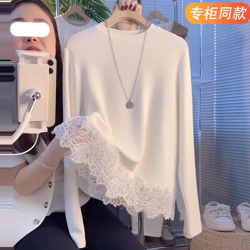 设计感蕾丝拼接长袖T恤女秋冬新款显瘦打底上衣双面德绒宽松休闲