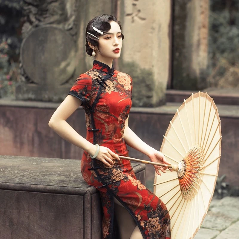 TZM红色旗袍新款年轻款少女复古民国风老上海军阀太太长款旗袍