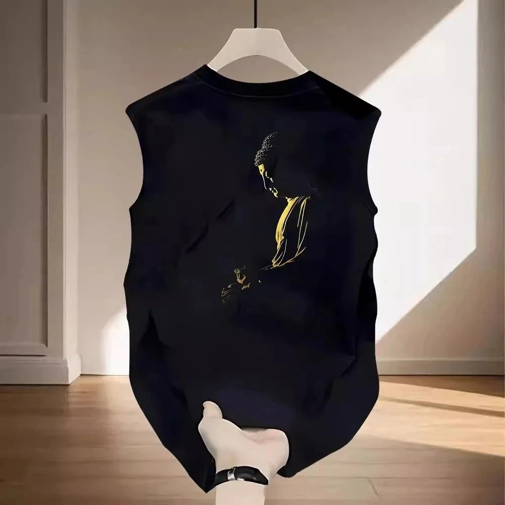 仓石一树夏季国潮休闲中式国风街头风佛祖印花纯棉无袖背心T恤男