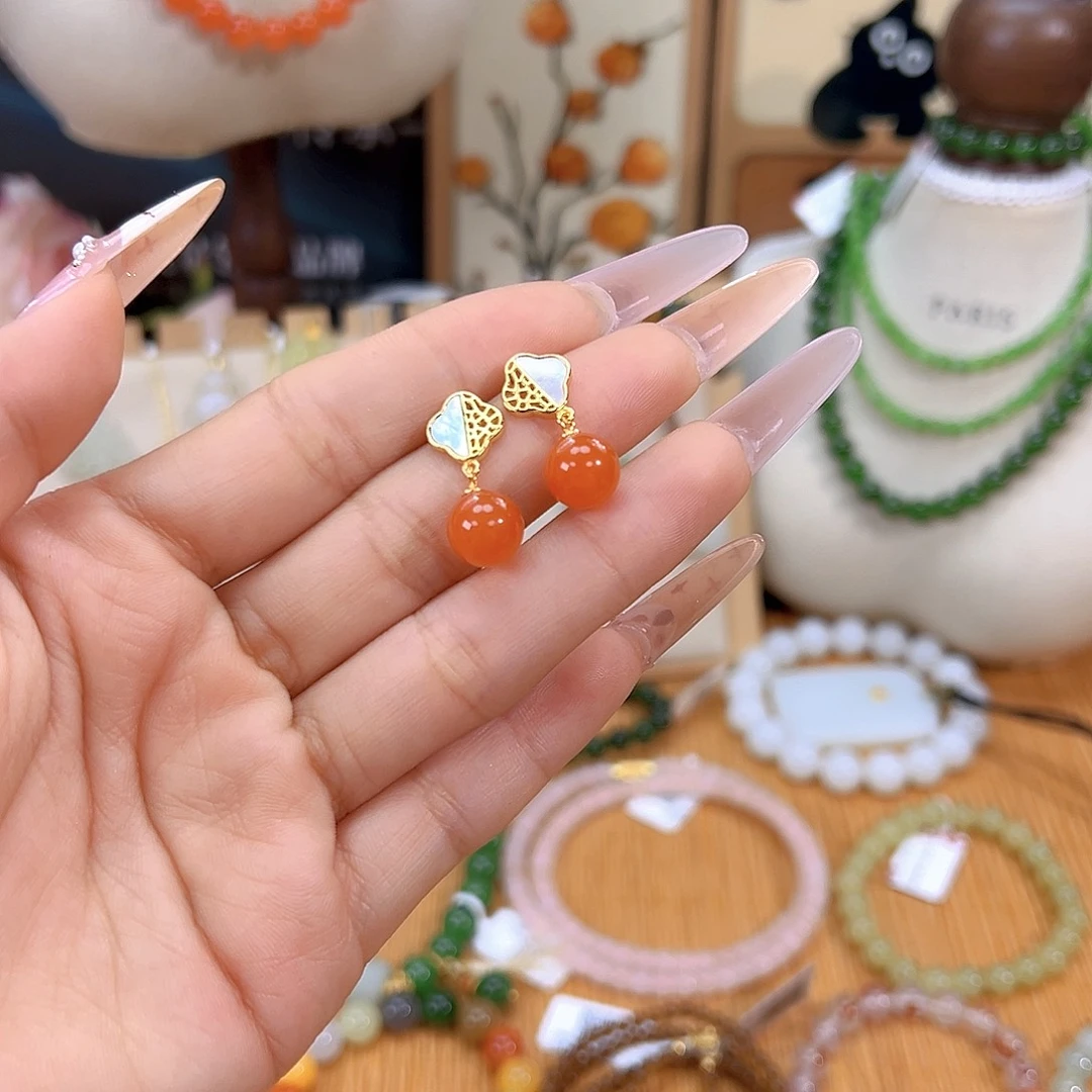 南红玛瑙银S925镶嵌耳饰sj