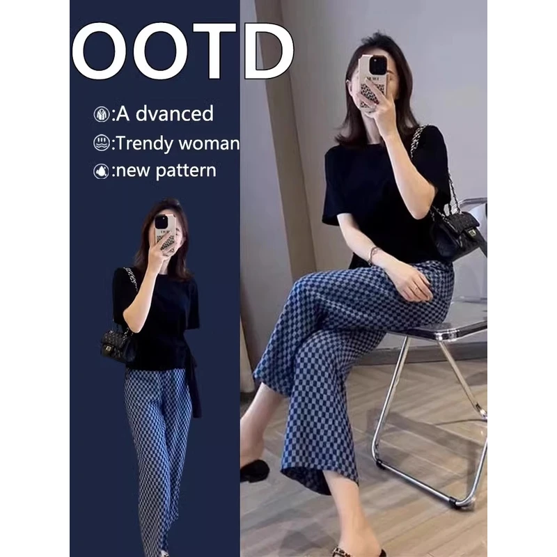 2025夏季搭配一整套微胖显瘦网红炸街减龄上衣休闲阔腿裤两件套装