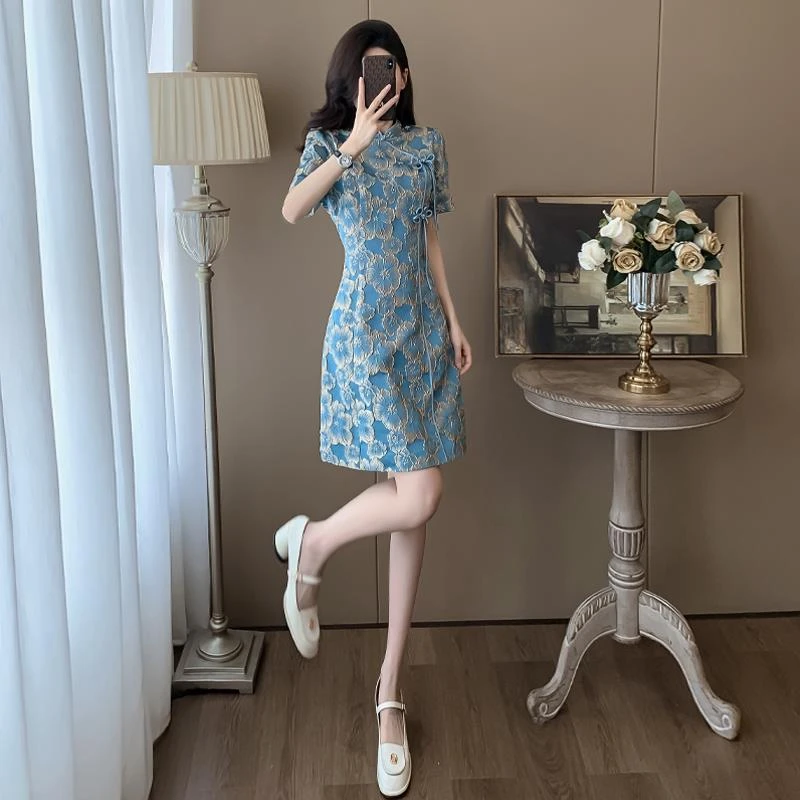 夏季名媛高端短袖修身复古裙子改良旗袍女新中式国风连衣裙高级感