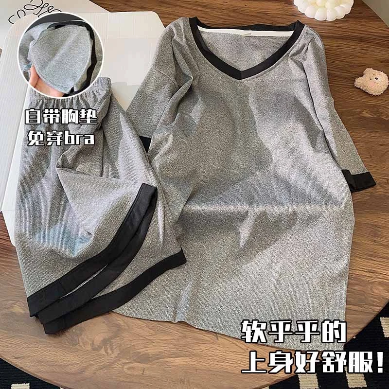 带胸垫睡衣女夏天季短袖薄款冰丝套装2025新款凉感简约空调家居服