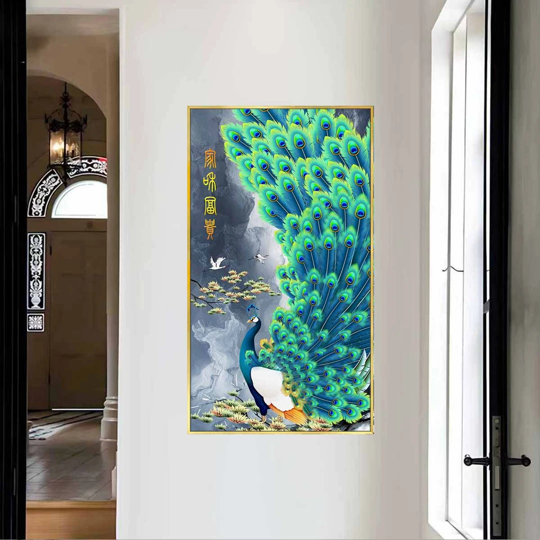 网红家居新中式孔雀开屏画入户玄关走廊客厅装饰画寓意美好c116