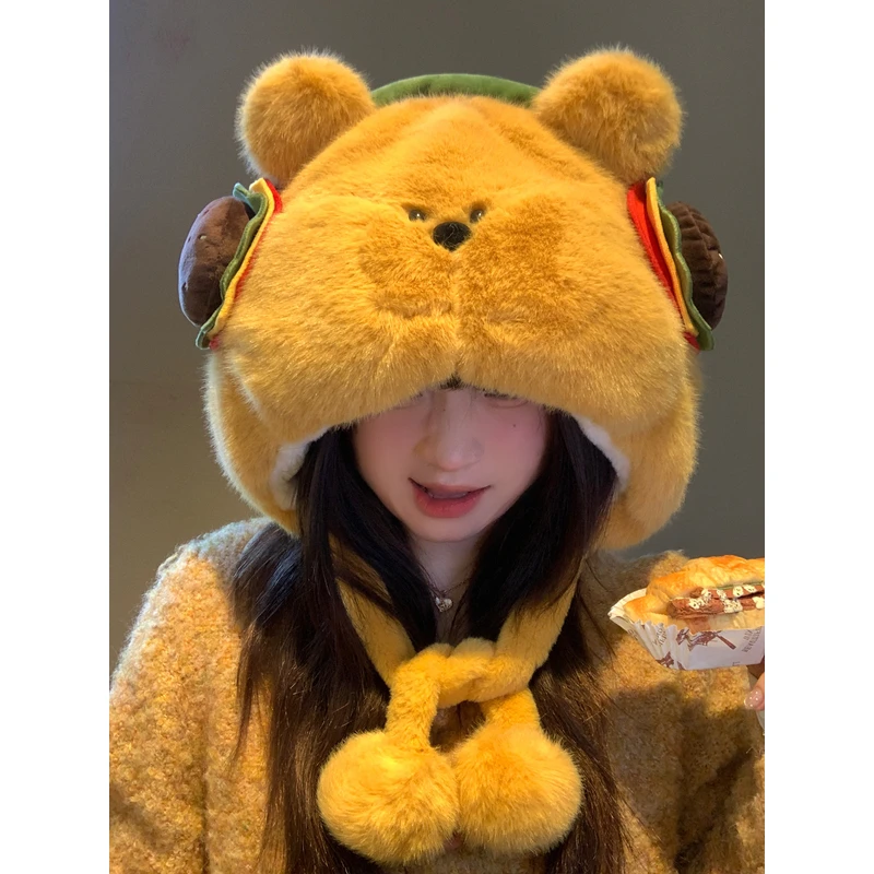 可爱汉堡小熊毛绒帽子女秋冬加绒加厚保暖大头围显脸小护耳雷锋帽