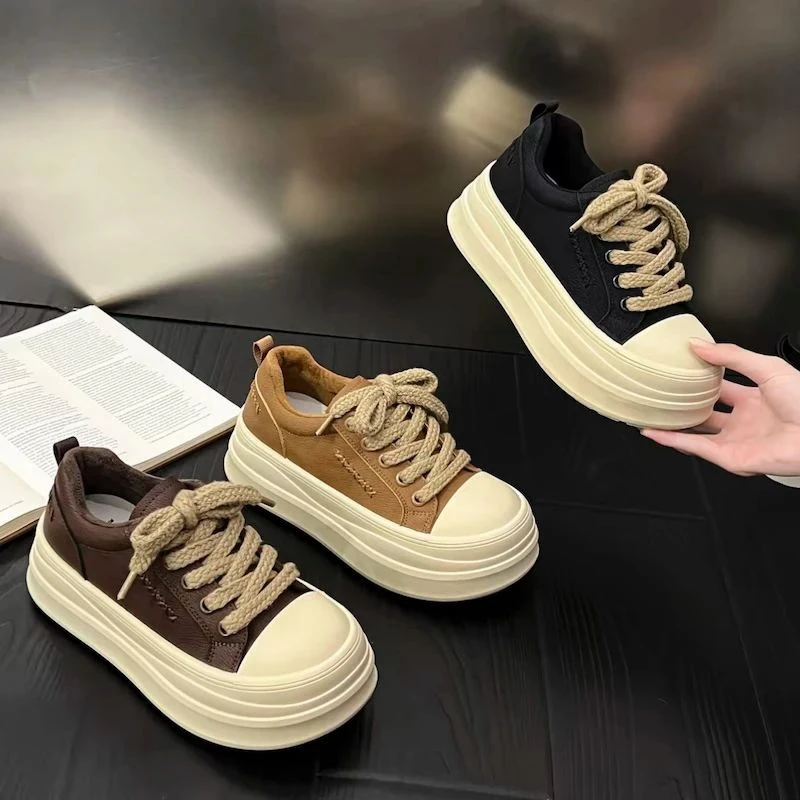 元族韩式真皮大头面包鞋女厚底百搭松糕板鞋2025秋季软底轻便888-