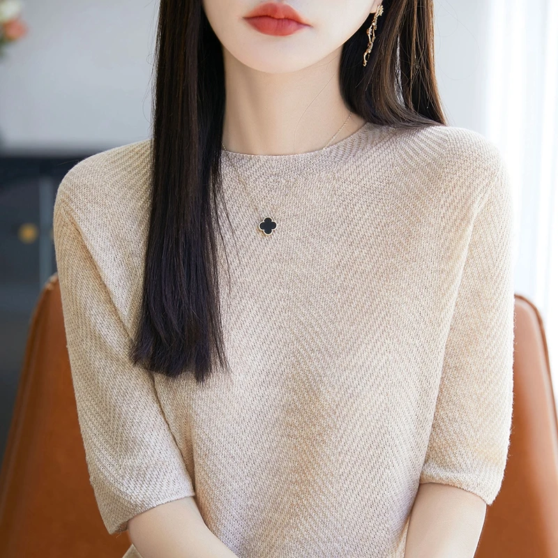 气质修身圆领羊毛针织无缝短袖鱼骨纹