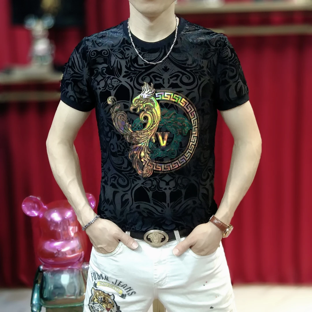 男士夏季休闲时尚圆领冰丝半袖植绒提花修身百搭个性薄款短袖T恤
