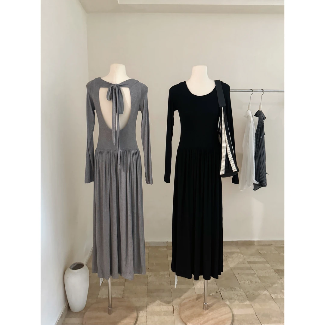 FBB limit文艺风气质U型露背设计连衣裙女修身捏褶大裙摆优雅长裙