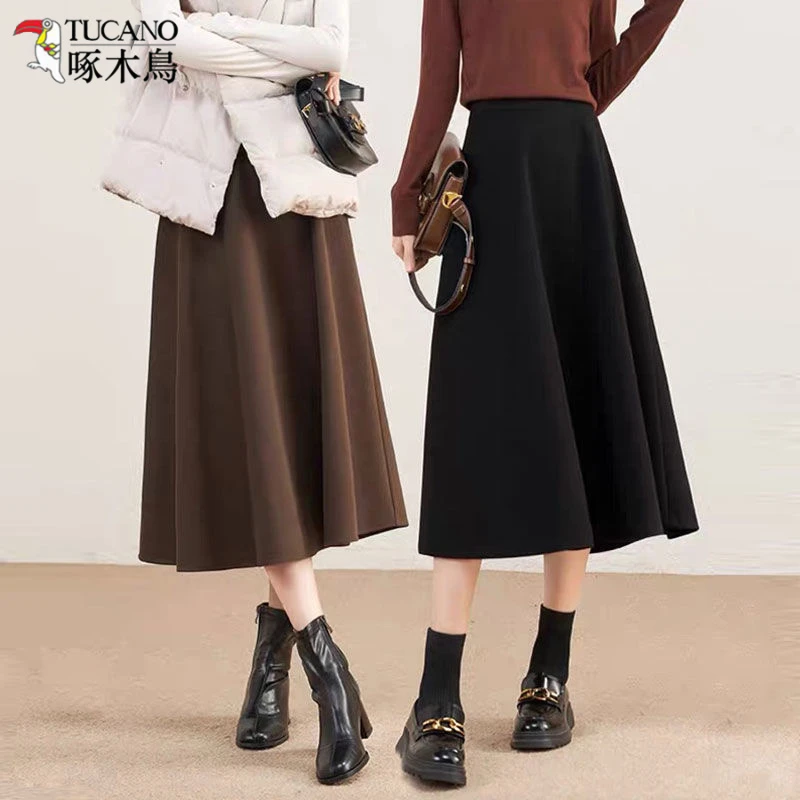 TUCANO/啄木鳥赫本风秋冬半身裙高腰A字裙中长款毛呢大摆裙伞裙子