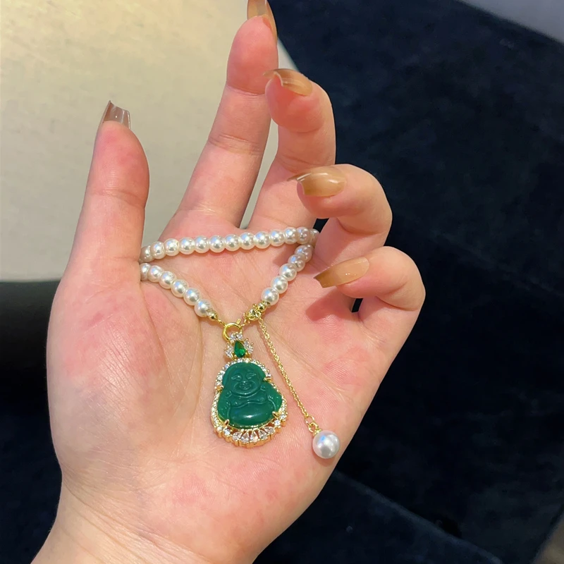 铜合金亚克力吊坠 铜合金 772 时尚国风珠珠绿色吊坠项链