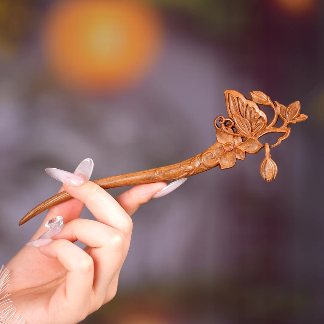 丛蝶原创新中式蝴蝶发簪手工吊坠檀木簪子古风古装盘发高级感头饰