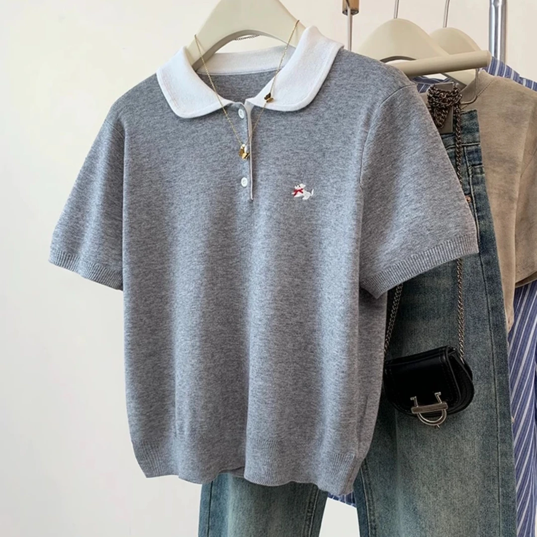 冰丝针织衫娃娃领上衣女夏季大码学院风宽松显瘦减龄正肩短袖t恤