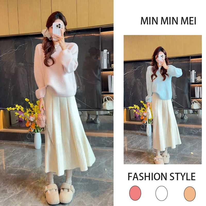 2025年秋冬季时尚温柔风甜美女装软糯针织衫高腰半身裙显瘦一整套