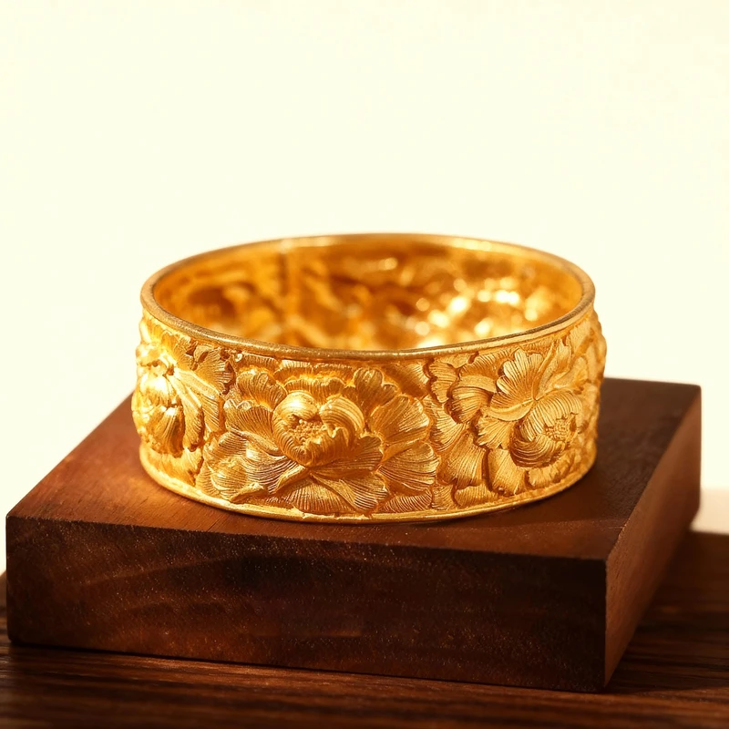 足银手镯 牡丹手镯哑光錾刻工艺古典国风百搭手镯