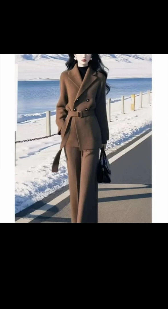 【送腰带】2025秋冬季高级气质新款女装香风毛呢外套阔腿裤两件套