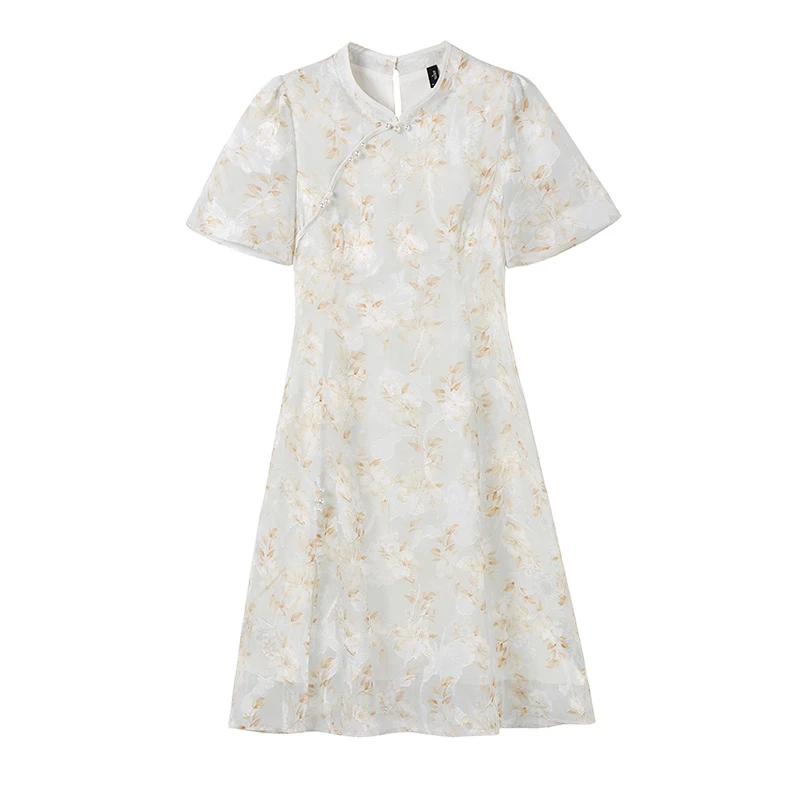 奢姿【雾里寻花】大码女装气质立领旗袍裙子胖妹妹印花连衣裙