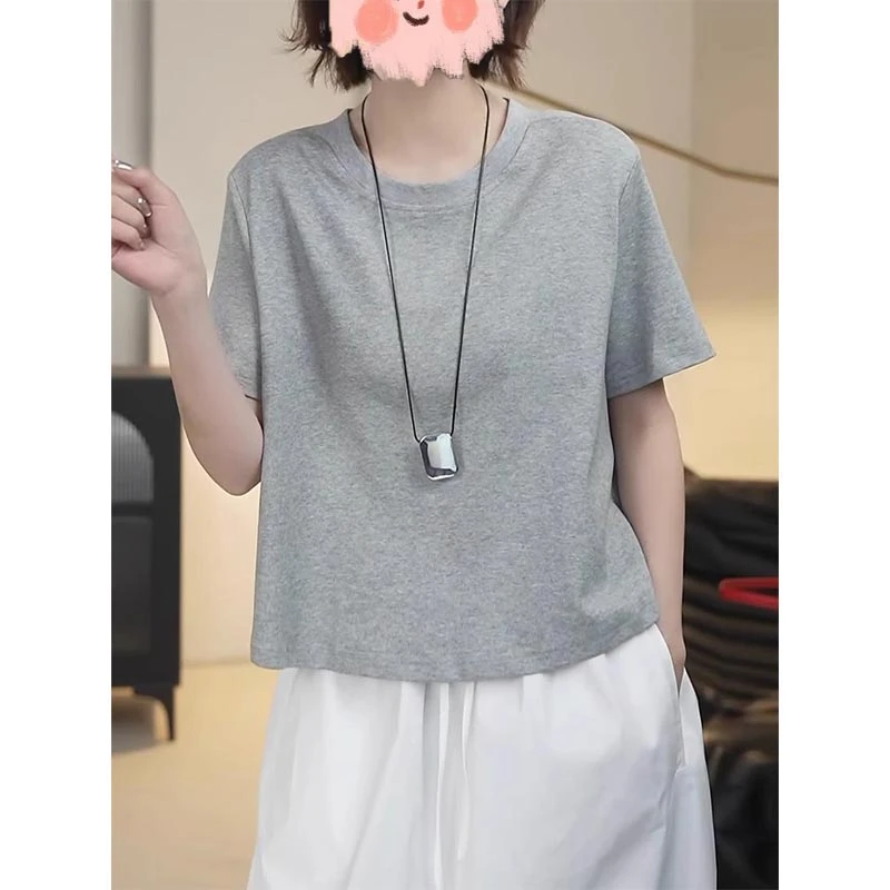 后背单排扣纯色短袖t恤女2025夏季新款宽松休闲百搭短款圆领上衣