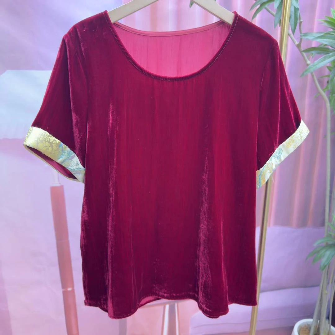 百分百桑蚕丝2025国风早春新款时尚洋气短袖圆领T恤