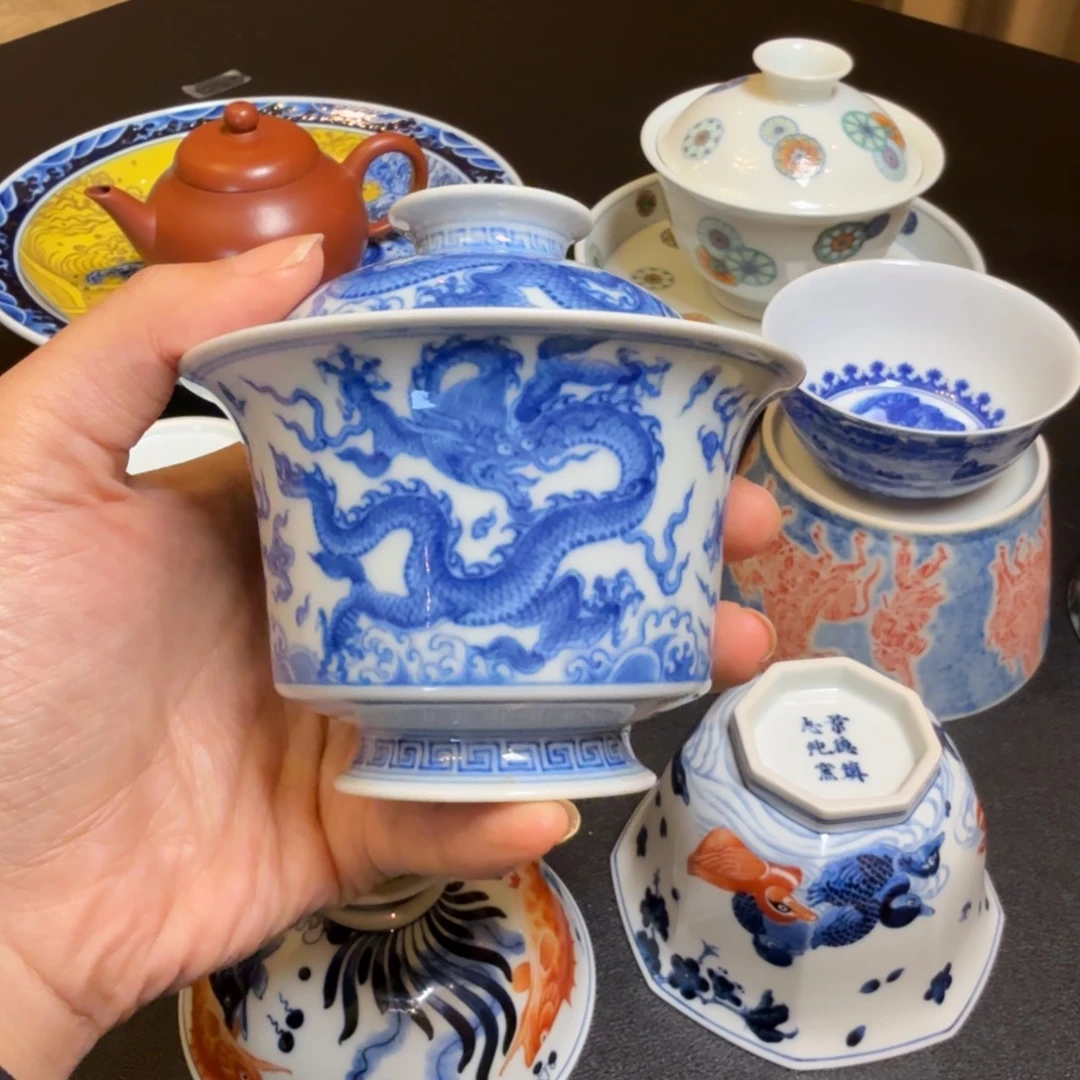 望月怀古五龙马蹄盖碗
