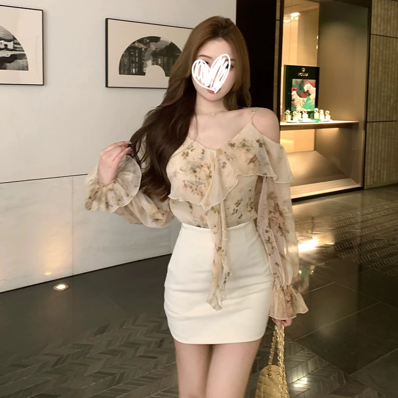 【雾都恋人】夏季气质温柔甜美荷叶边露肩V领雪纺衫女+半身裙 9931#