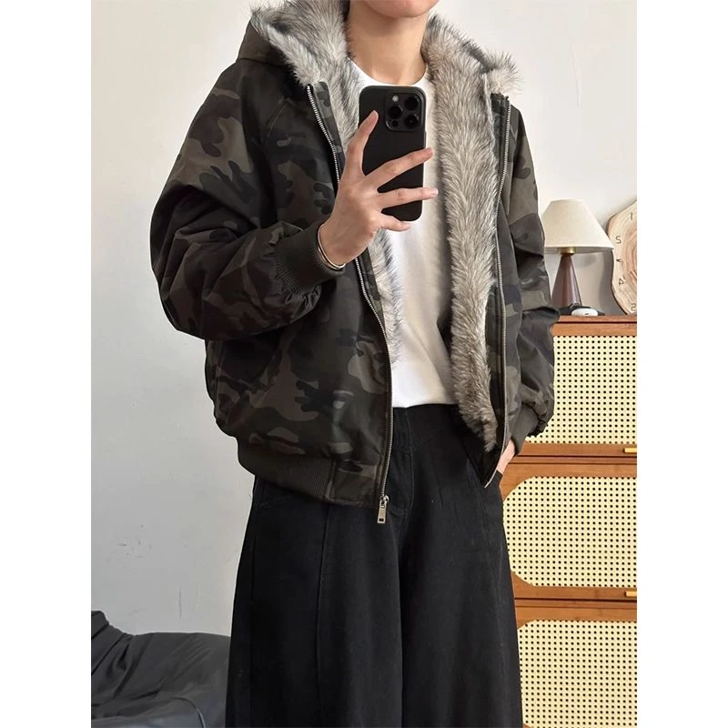 美式迷彩高质量棉服男款冬季毛领连帽厚外套座山雕棉衣漠河防寒服