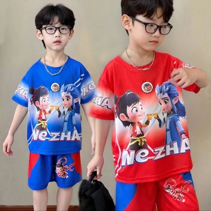 男童夏季卡通哪吒休闲套装2025新款中小童冰丝速干短袖短裤两件套