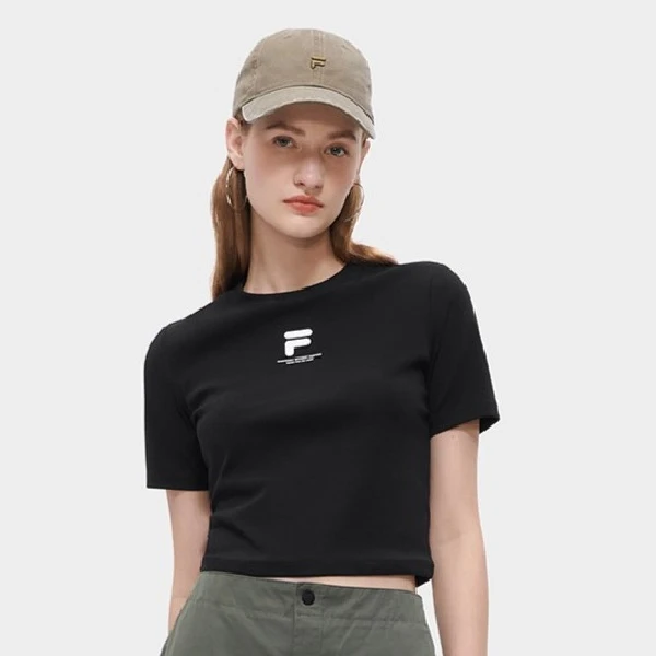 Fila/斐乐女款流光甜酷风镂空修身圆领显瘦遮肉黑短袖夏季T恤上衣