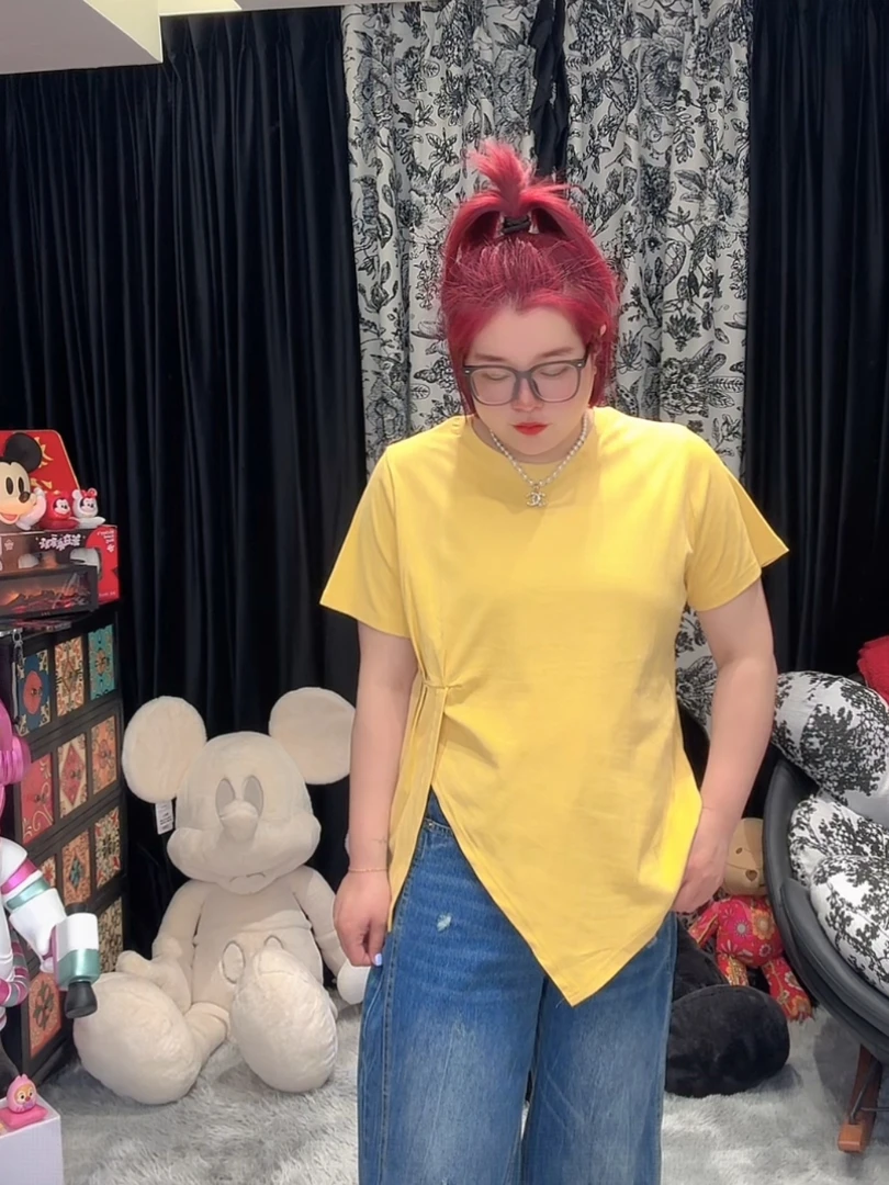 【涵涵专属】胖mm定制款韩系不规则开叉显瘦圆领t恤女#99382