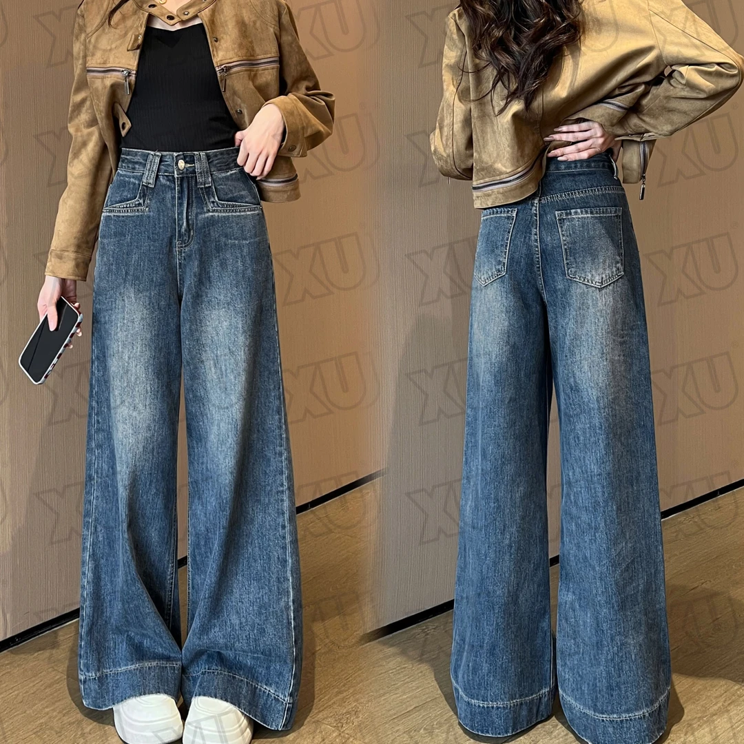 11 Q春季2025新款复古阔腿牛仔裤女口袋高腰显瘦百搭直筒拖地裤