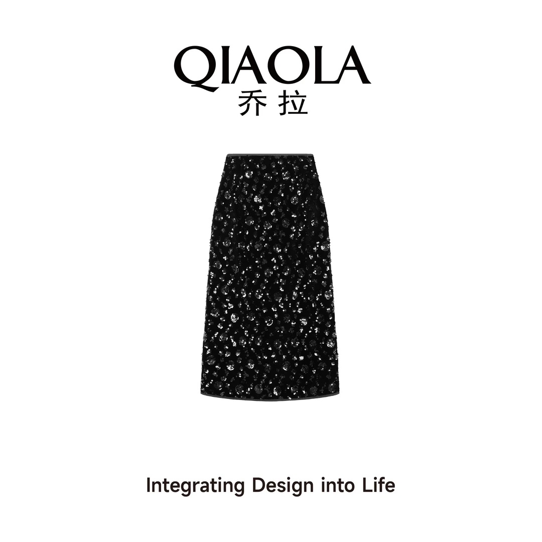 QIAOLA/乔拉【玫瑰星夜】秋冬季珠片丝绒轻奢气质A版百搭半裙预售
