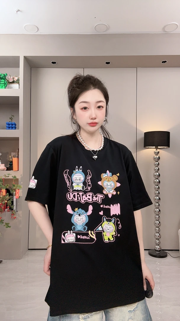 拉布布夏季薄款正肩显瘦多巴胺棉重工刺绣半袖t恤宽松大码女装
