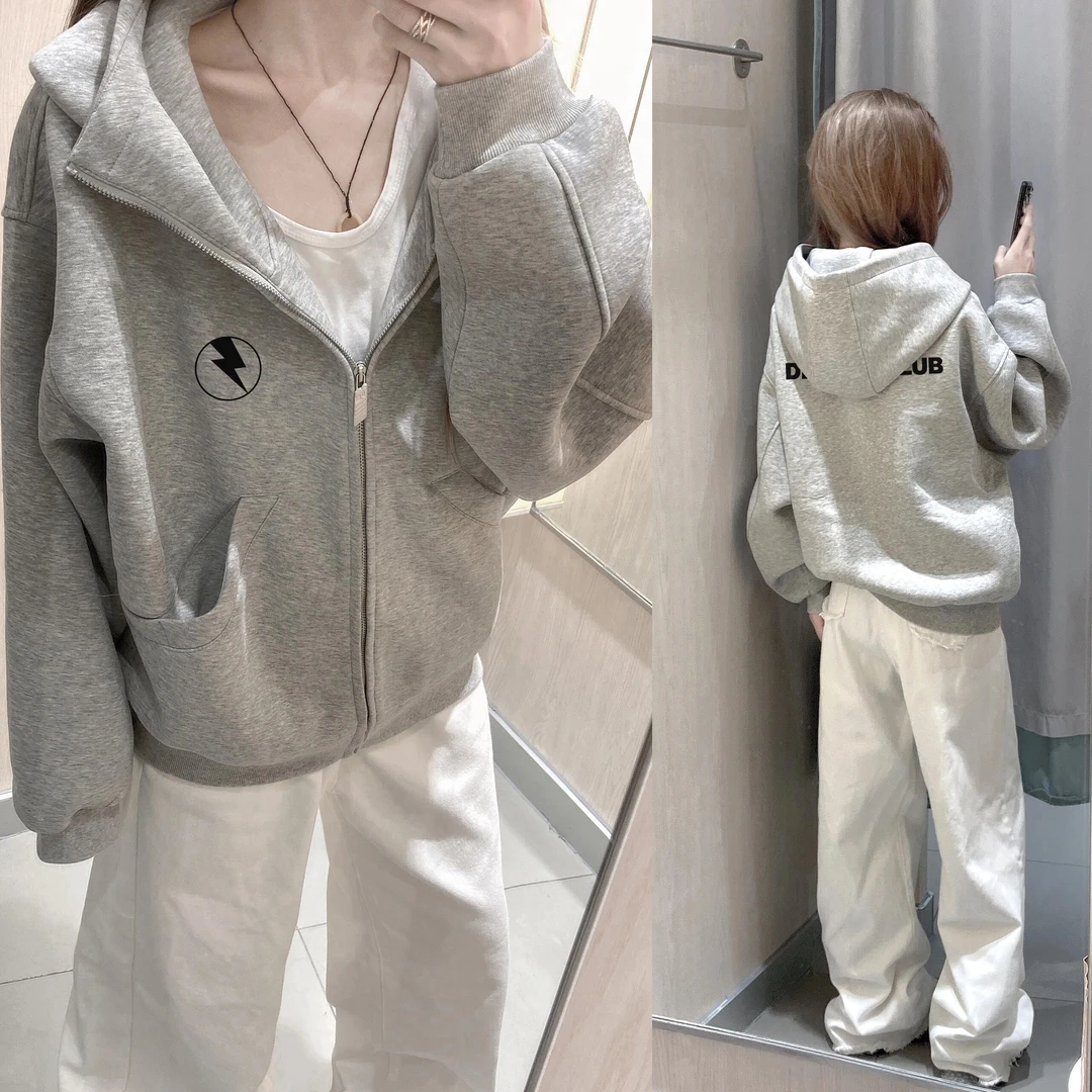 美式圆形闪电字母印花开衫连帽卫衣男女秋冬季百搭情侣拉链外套