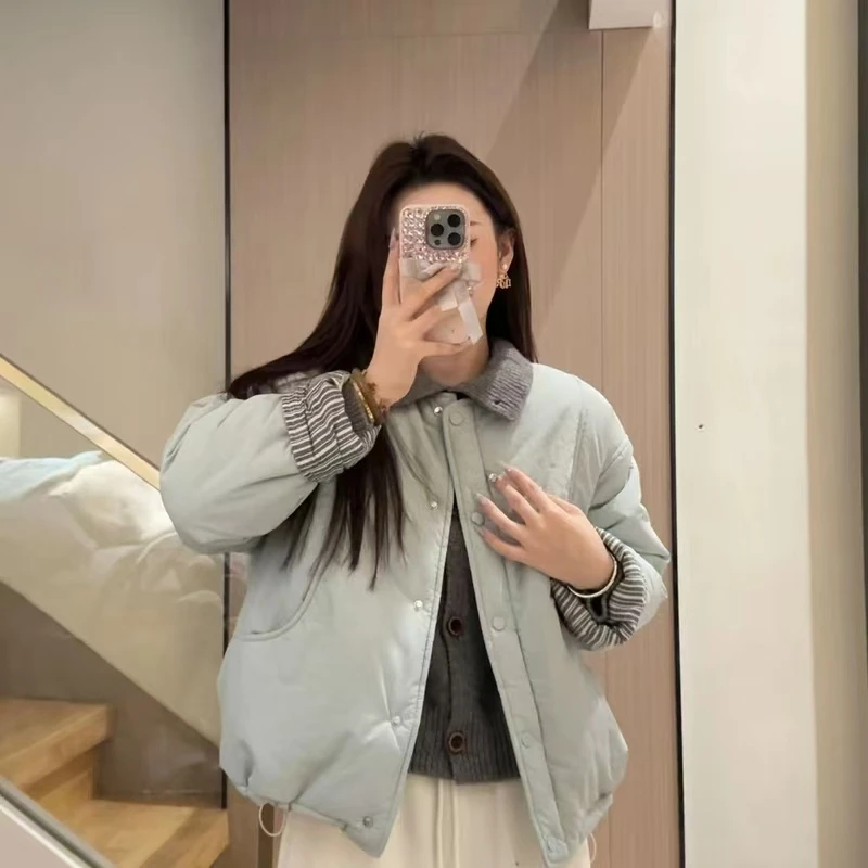 爆款韩版宽松蓝色百搭圆领棉服外套韩系穿搭加厚蓝色棉服