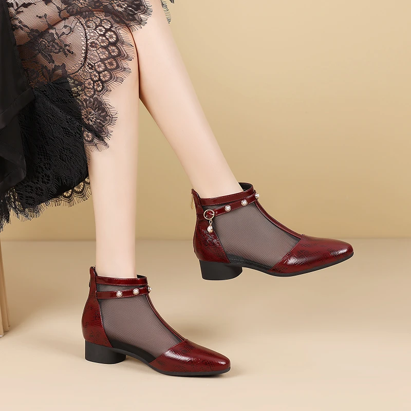 2025新款真皮单靴软底春秋网纱靴子中跟透气夏季短靴镂空鞋尖头