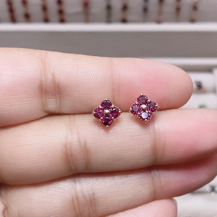 石榴石耳钉银S925镶嵌耳钉