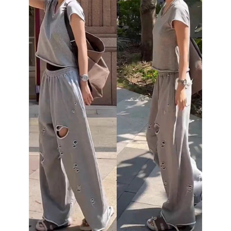 设计感小众不规则破洞卷边毛圈休闲裤女夏季新款宽松显瘦阔腿卫裤