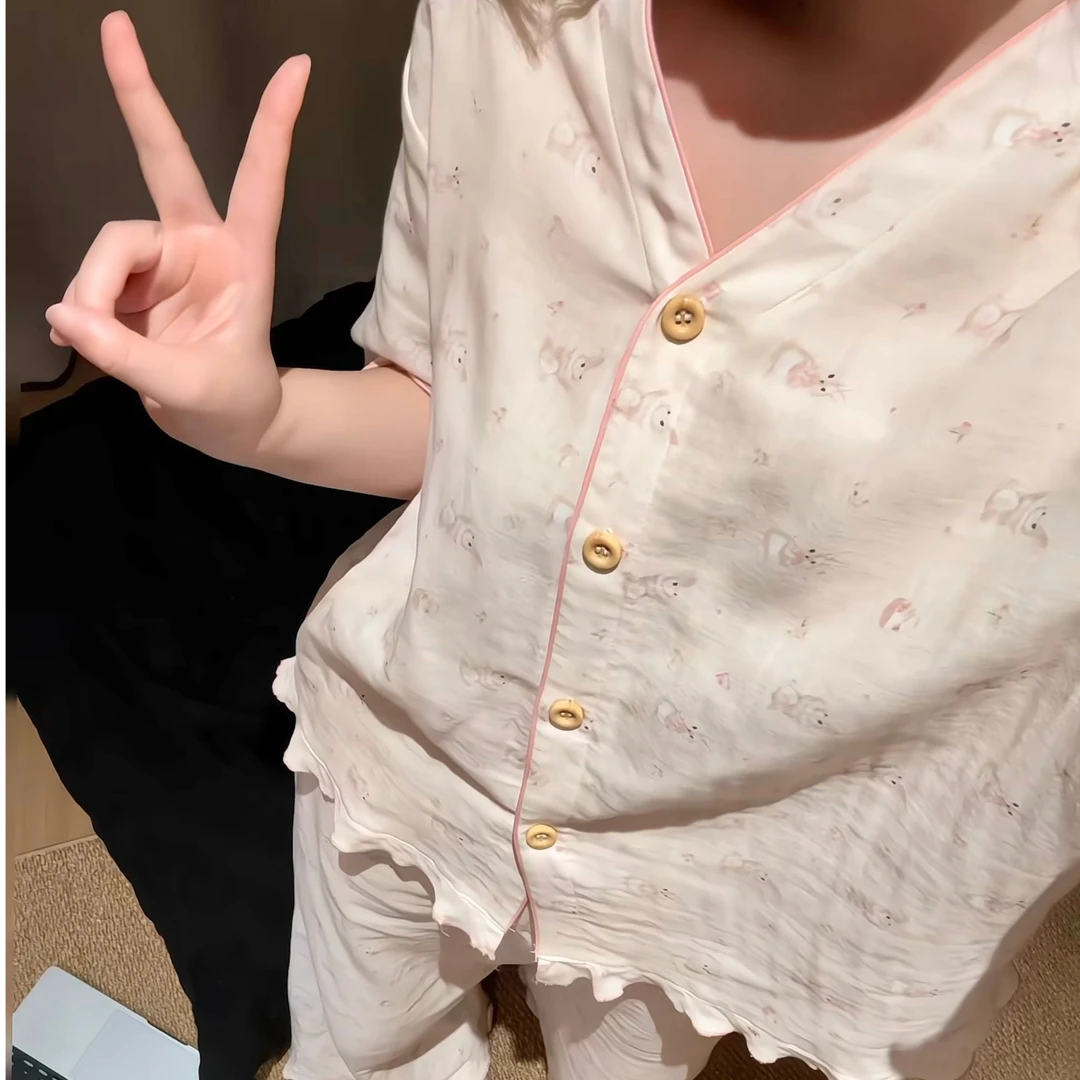 VINEEMAN【棉花兔子】夏季女士薄款睡衣家居服套装秋季家居服时尚