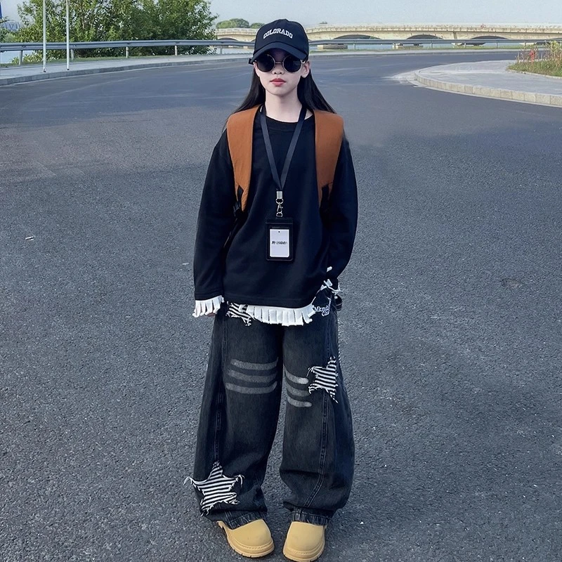 女童卫衣兔子耳朵牛仔裤套装春秋季2025新款儿童萝卜裤韩版阔腿裤