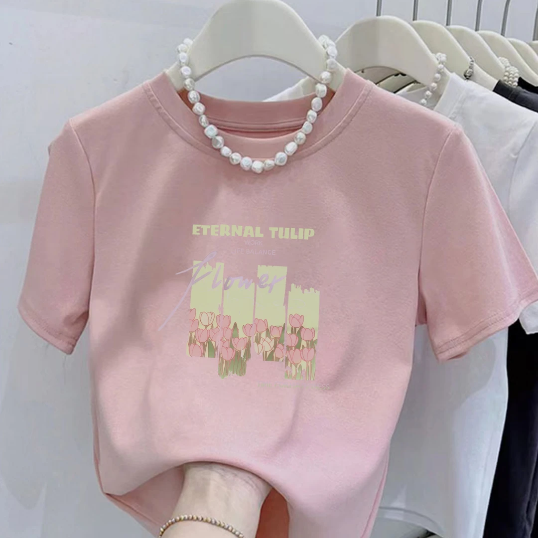 新款圆领绿粉郁金香印花纯棉短袖T恤修身女时尚小个子显瘦上衣