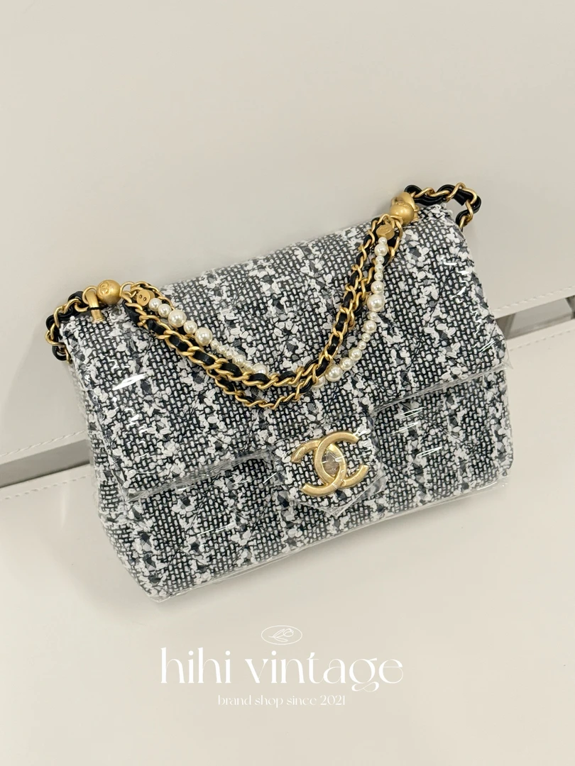 99新 Chanel/香奈儿  黑白粗花呢金扣珍珠链大方胖子二店15351053