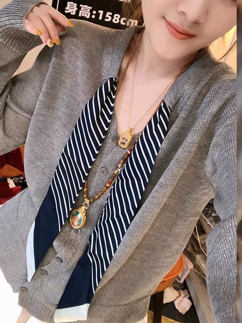 秋冬季单排扣显瘦开衫上衣常规款V领领带设计感毛针织衫时尚洋气