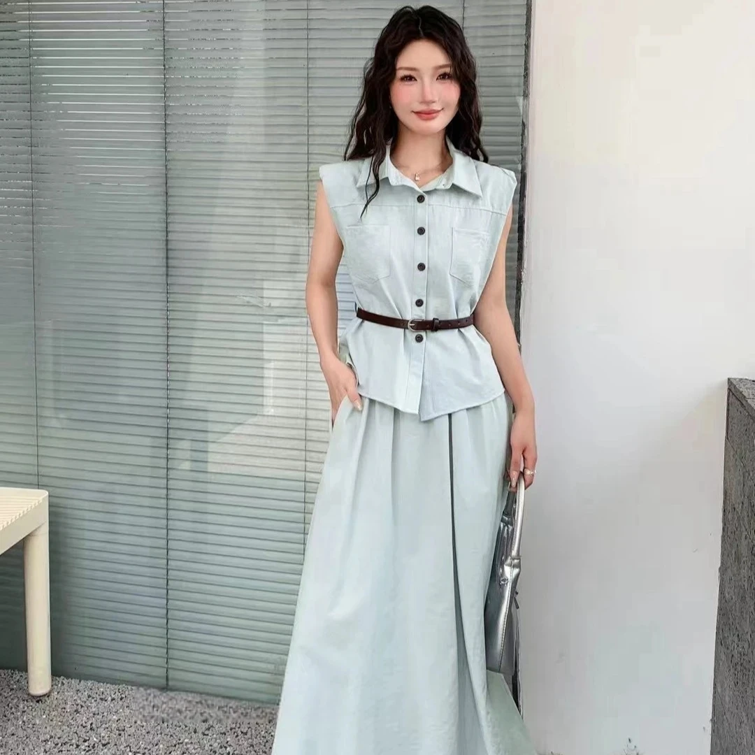 2025夏季新款时尚气质显瘦百搭无袖衬衫上衣高级感裙子两件套8584