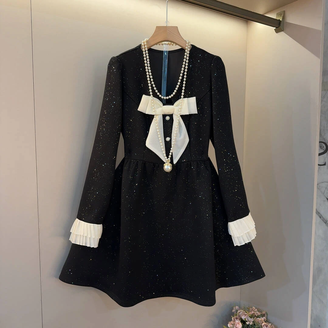 法式赫本风高级感气质减龄小香风收腰显瘦蝴蝶结连衣裙（衣长86）